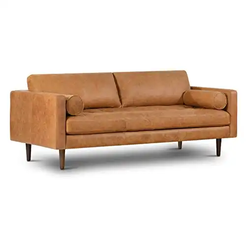 POLY & BARK Cognac Tan Brown Leather Couch - 88.5" Mid Century Leather Sofa with 2 Bolsters - Full Grain Camel Leather Couch - Feather-Down Topper On Seating Surface - Pure-Aniline Italian Le...