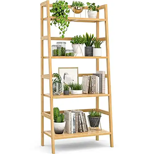 Homykic Bamboo Bookshelf 4-Tier Ladder Shelf, 49.2 Freestanding Open Bookcase Book Shelf Bathroom Storage Shelf Unit Plant Stand for Small Space, Bedroom, Living Room, Home Office, Natural