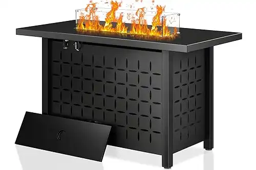 Walsunny 43 inch Outdoor Propane Fire Pit 50,000 BTU Gas Fire Pit Table with Lid, Glass Wind Guard, Waterproof Cover, Rectangle Gas Firepit Table for Garden/Patio, CSA Certification