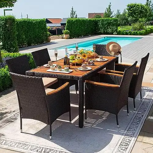 Devoko Dining 7 PCS Furniture, Patio Conversation Set with Acacia Wood Table Top, Rattan Outdoor, Black