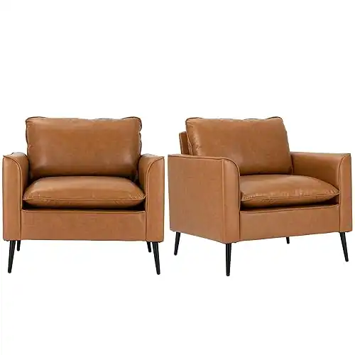 Okeysen Modern Leather Chair Set of 2, Oversized Armchair for Living Room, Mid-Century Accent Reading Chair for Bedroom Comfy, Upholstered Single Sofa for Waiting Room.