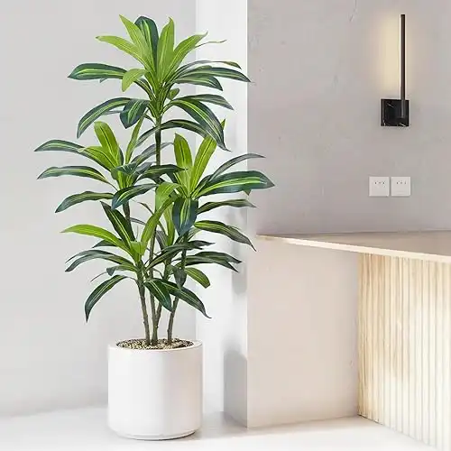 Dracaena Plant Artificial Tree 4Ft Tall Fake Tropical Floor Plants Potted (Real Touch) Artificial Silk Tree Leaf Faux Trees Black Tall Planter for Home Office Living Room Indoor Outdoor Decor