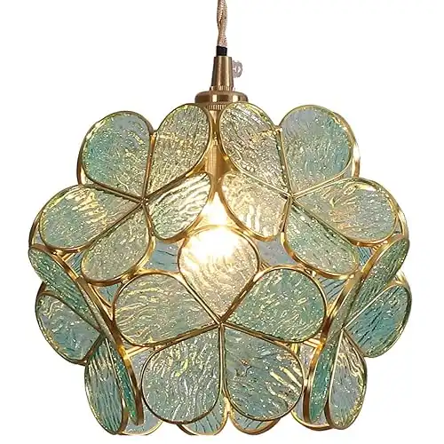 Bieye L10743 Petals Tiffany Style Stained Glass Ceiling Pendant Light with 8-inch Wide Lampshade (Textured Light Blue, 8" Cherry Blossom)