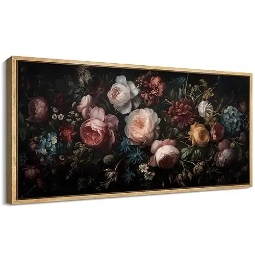 MUDECOR Extra Large Framed Canvas Print Wall Art Opulent Floral Bouquet with Roses and Wildflowers Antique Retro Ready to Hang Painting for Living room Bedroom Multi-Sizes - 60"x30"