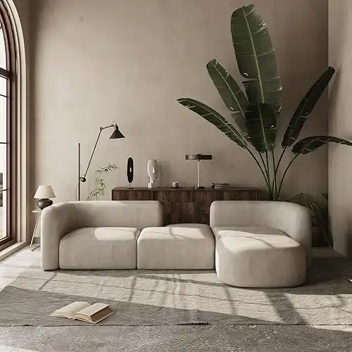 Acanva Luxury Modern Tight Curved Back Velvet Sofa, Minimalist Style Comfy Couch for Living Room Apartment, 4 Seater Modular Sectional, Cream