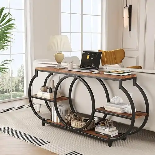 63-Inch Console Sofa Table with 2 Power Outlets & 2 USB Ports, Industrial 3-Tier Entryway Tables with Storage Shelves, Metal Frame for Living Room, Behind Couch, Hallway, Black Rustic Brown