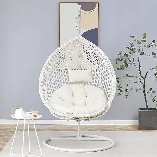 Hanging Egg Chair with Stand & Cushions, Outdoor and Indoor Hammock Rattan Swing Chair 350 lbs Capacity with Aluminum Steel Frame for Patio, Balcony, Backyard and Living Spaces (White)