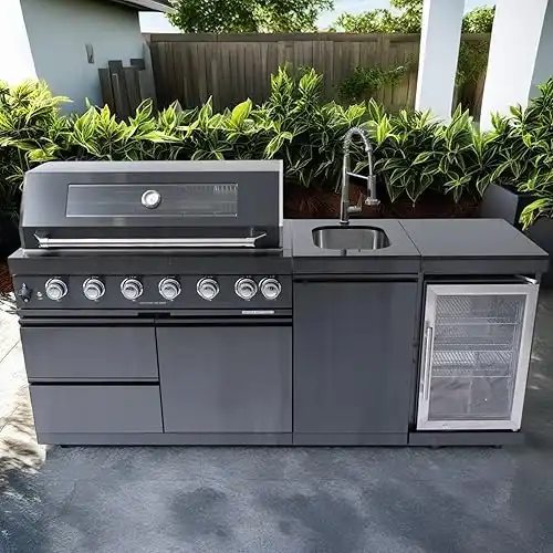 43-Inch 6-Burner 85000 BTU Deluxe Stainless Steel Gas BBQ Island Outdoor Kitchen with Wine Cooler, Rotisserie Kit, Granite Countertops & Stainless Steel Sink - Modular Outdoor Kitchen