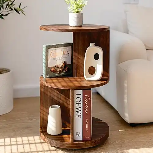 KAYMILY Living Room Side Table, Office Round Bookshelf End Table, Bedroom Mid Century Modern Nightstands, Contemporary Accent Tables - Easy Assembly - MDF Wood - Stationary - Walnut