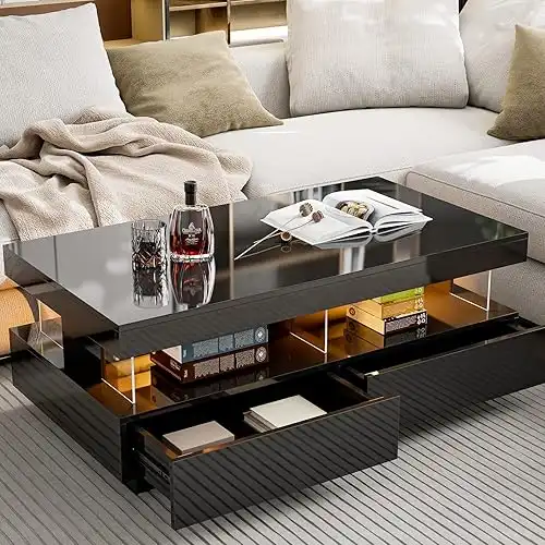IKIFLY Modern High Glossy Coffee Table with 16 Colors LED Lights for Living Room