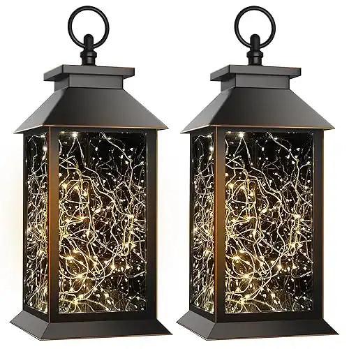 Solar Lanterns Outdoor Waterproof Hanging Vintage Led Fairy Lights Lantern, Upgraded Solar and AAA Battery Powered, for Outside Yard and Indoor Tables, Window Sill, 2 Pack