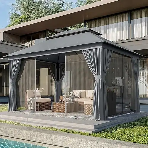 AOXUN Outdoor Gazebo for Patio 10x13, Metal Frame Canopy with Double Roofs, Heavy Duty Party Tent and Shelter with Mosquito Netting and Privacy Screen for Backyard, Lawn, Garden,Deck (Gray)