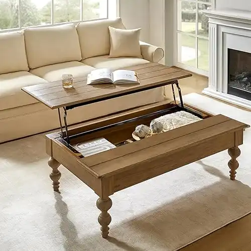 HULALA HOME Coffee Table Lift Top with Storage, Gourd-Shaped Legs, Wood Convertible Table for Living Room, Acorn