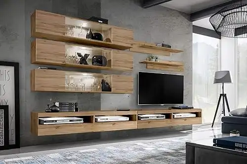 Meble Furniture Fly J3 35TV Stand - Wall-Mounted Entertainment Center Console for Bedroom & Living Room - Modern TV Floating Entertainment Center with Storage, Shelves, and LED Lights - Oak