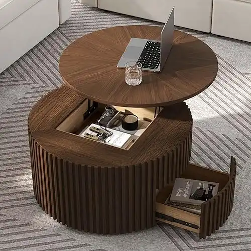POVISON Coffee Table with Lifting Top, Mid Century Modern Coffee Table with Storage Drawer, Wood Circle Coffee Table for Living Room Table for Home Office, 31.65", Walnut