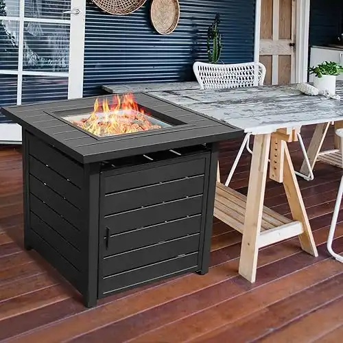 28 inch Propane Fire Pit Table, Outdoor Gas Fire Pits with Lid & Lava Rock, 50000 BTU Firepit for Dinning, Party in Outside, Patio, Garden or Yard (Black)