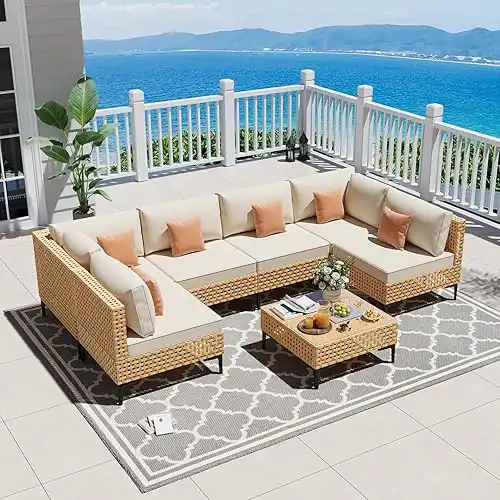 Patio Furniture Set, 110" Large 7-Piece Wicker Outdoor Patio Furniture Sets with Coffee Table,Boho Patio Conversation Set Sectional Sofa with All-Weather Cushions for Backyard,Porch,Beige