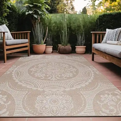 Medallion Outdoor Rug, Washable Outside Carpet for Indoor Patio Porch Waterproof Easy Cleaning Non Shedding Area Rugs Beige 8 x 10