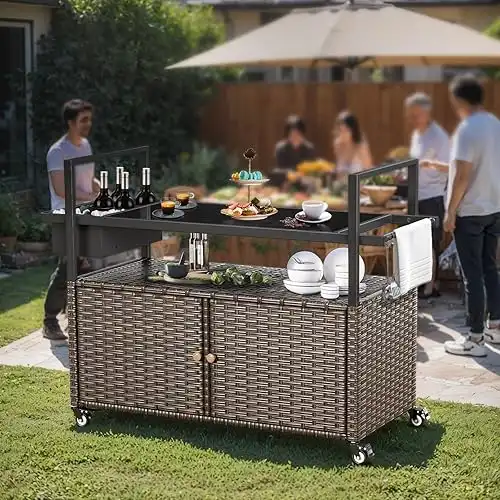Outdoor Kitchen Brown Wicker Island Rolling Cart and Storage Bar Tables, 4 Metal Wheels and 8mm Black Tempered Glass Table Top, 110 lb. Weight Capacity, Four Shelf Design for Patio Kitchen