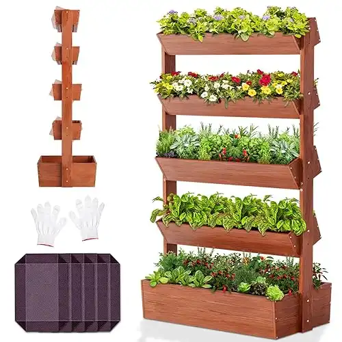 5 Tiers Vertical Wooden Raised Garden Bed Planter Tower, Vertical Herb Garden Planter Box, Raised Garden Bed Kit for Planting Flowers Vegetables Backyard Patio Balcony Indoor Outdoor