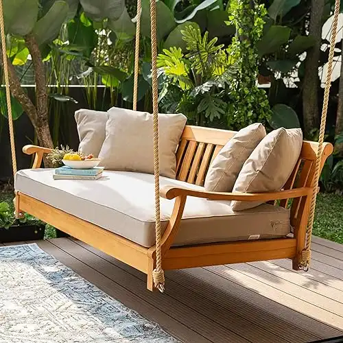Cambridge Casual Robin Teak Wood Porch Swing Bed, Spacious Outdoor Swing Daybed with Comfortable Oyster Cushion Ideal for Relaxing on Patio, Porch, or Backyard