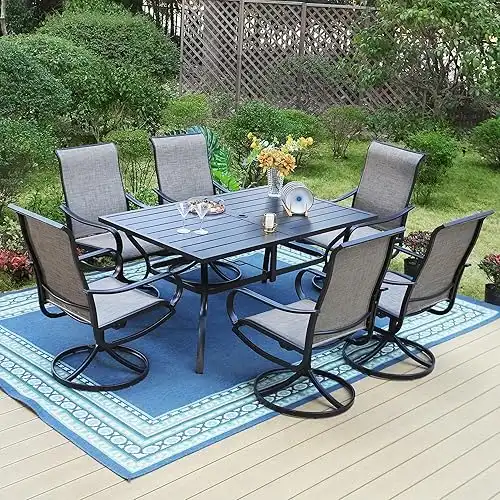 PHI VILLA 7 PCS Patio Dining Set, Rectangle Metal Table with 1.57" Umbrella Hole and 6 High Back Textilene Swivel Chairs, Suitable for All Weather