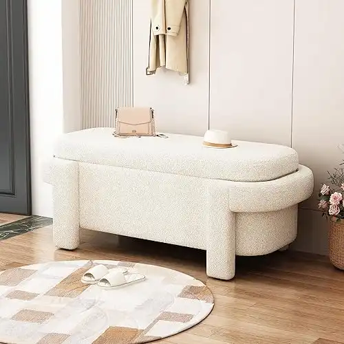 Ball & Cast Oval Ottoman with Storage, Linen Upholstered Entryway Bench, Mordern End of Bed Bench with Safety Hinge,Sofa Footrest Extra Seating for Living Room, Beige