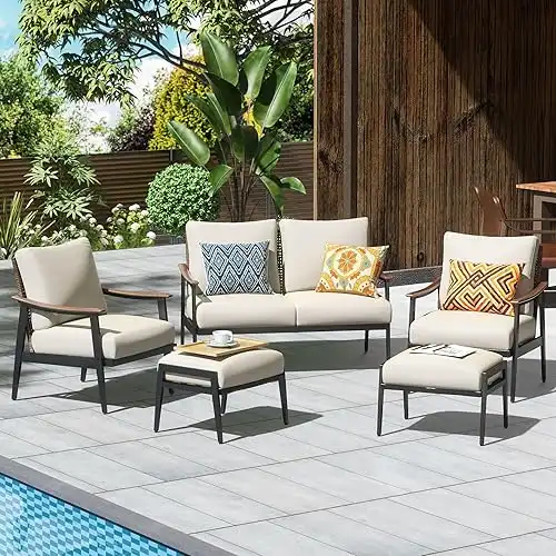 NATURAL EXPRESSIONS 5 Pieces Patio Furniture Set, Outdoor Furniture Sofa Sectional Modern Metal Patio Conversation Set with High Back Wicker Backrest & Loveseat for Balcony, Backyard, Deck, Porch