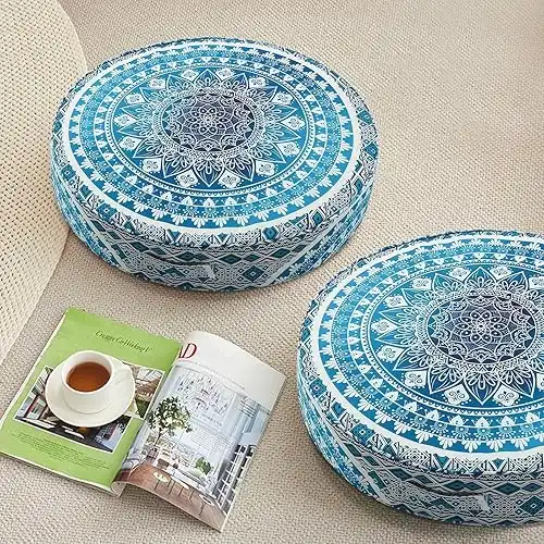 Moroccan Floor Pillows for Adults, 2 Pack Outdoor Waterproof Floor Cushions Sitting, Boho Large Meditation Cushion Seating Bohemian, Mandala Seat Cushion, Round