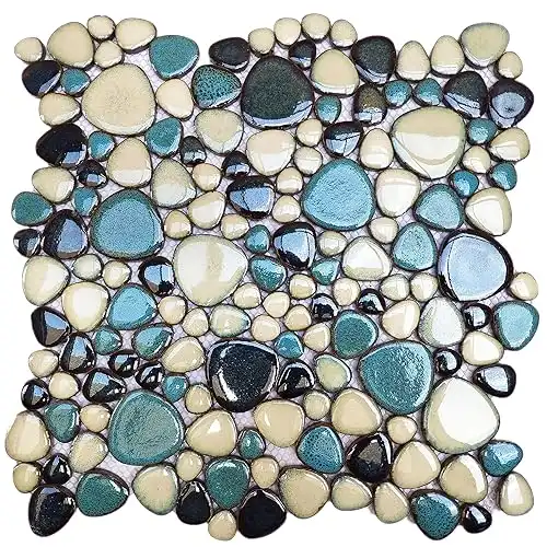 Interlocking Pebble Tiles 5 Sheets, Aqua Teal Blue Mosaic Tiles Mesh Mounted, 12x12 Waterproof Ceramic Tile Flooring for Kitchen Bath Backsplash Shower Floor Pool